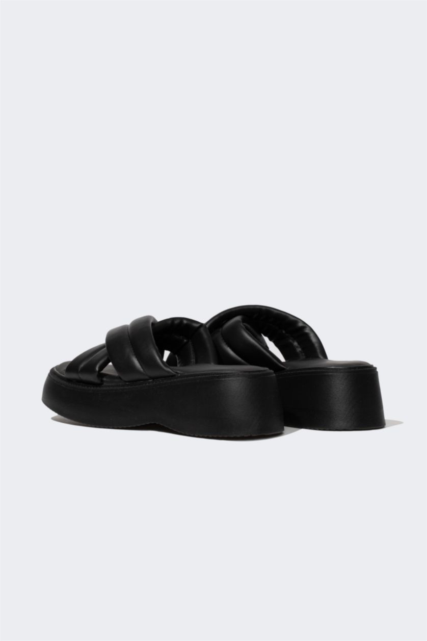 Woman Black Women High Sole Faux Leather Slippers