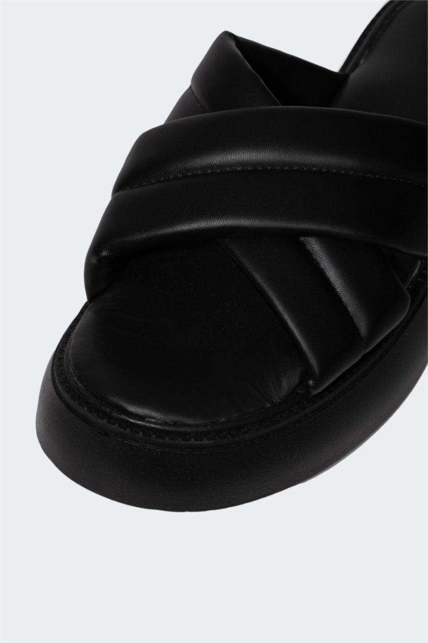 Woman Black Women High Sole Faux Leather Slippers