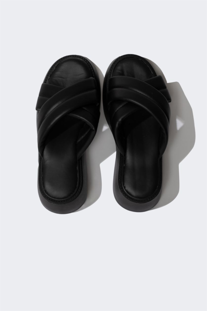 Woman Black Women High Sole Faux Leather Slippers