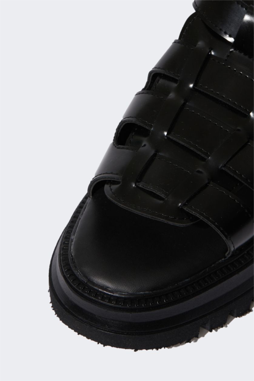 Kadın Siyah Kadın Bağcıklı Kalın Taban Suni Deri Sandalet