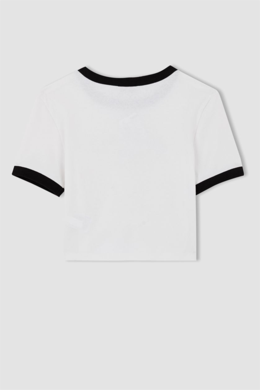 نساء أبيض تي شيرت قصير الأكمام مطبوع بياقة مستديرة