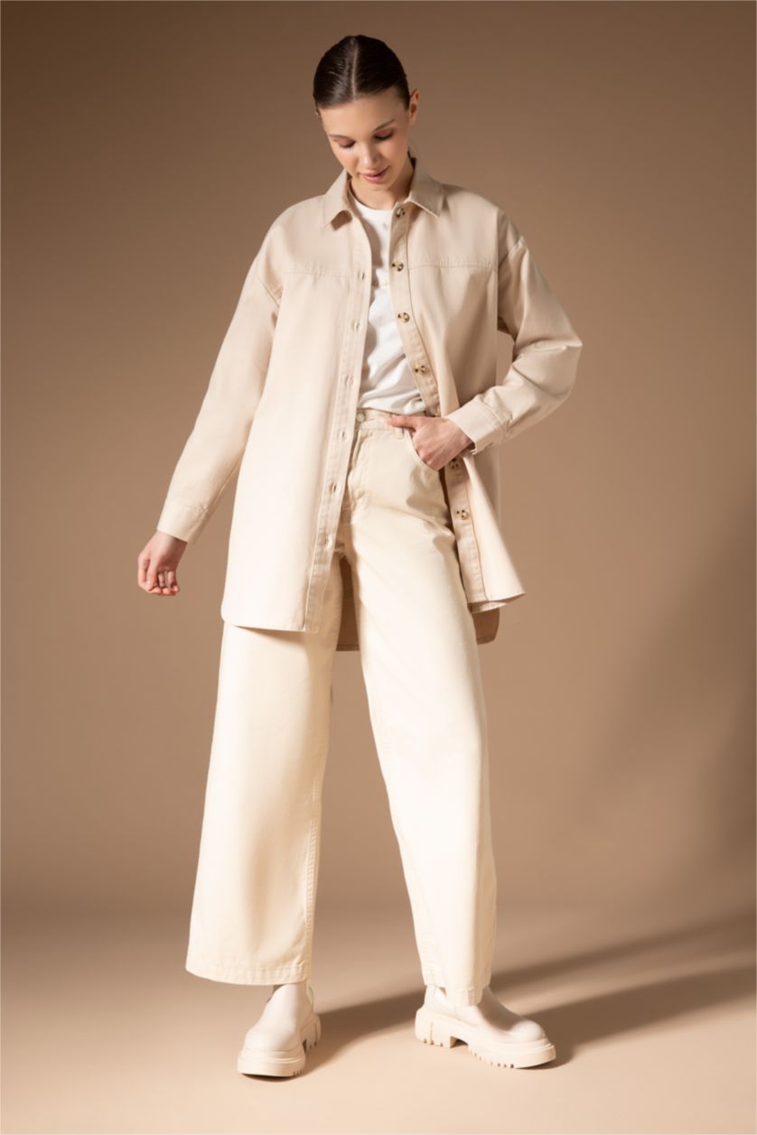 Woman Beige Coool Regular Fit Wide Leg Twill Trousers