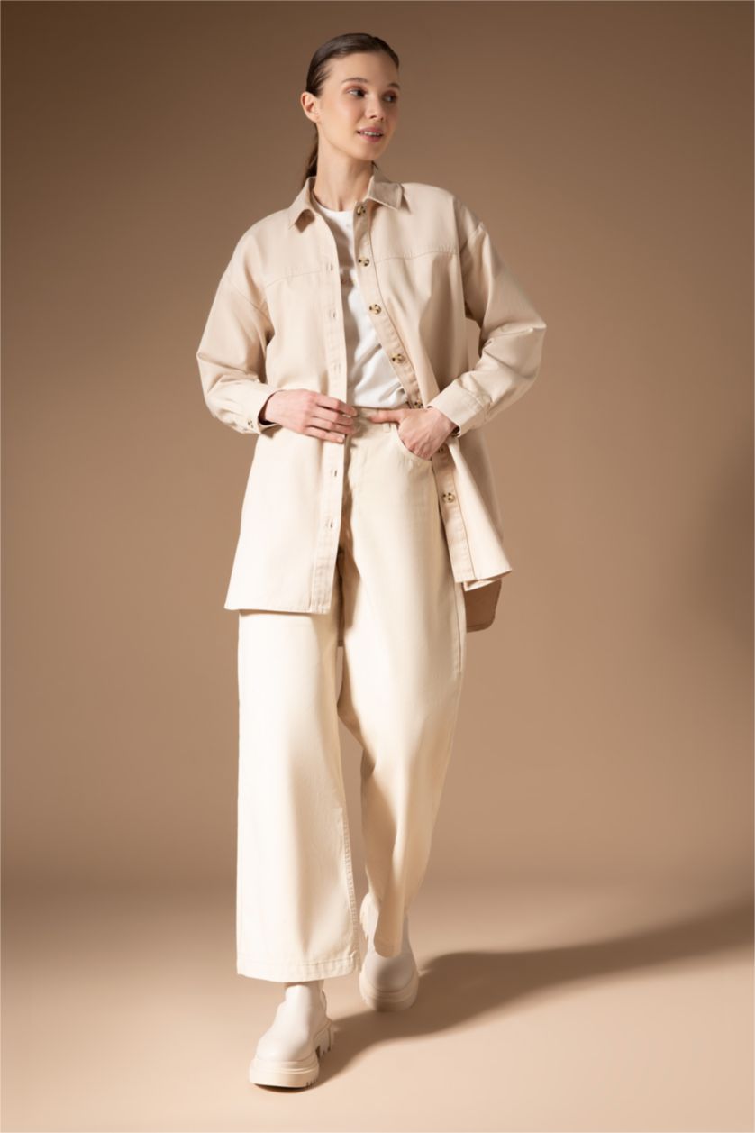 Woman Beige Coool Regular Fit Wide Leg Twill Trousers