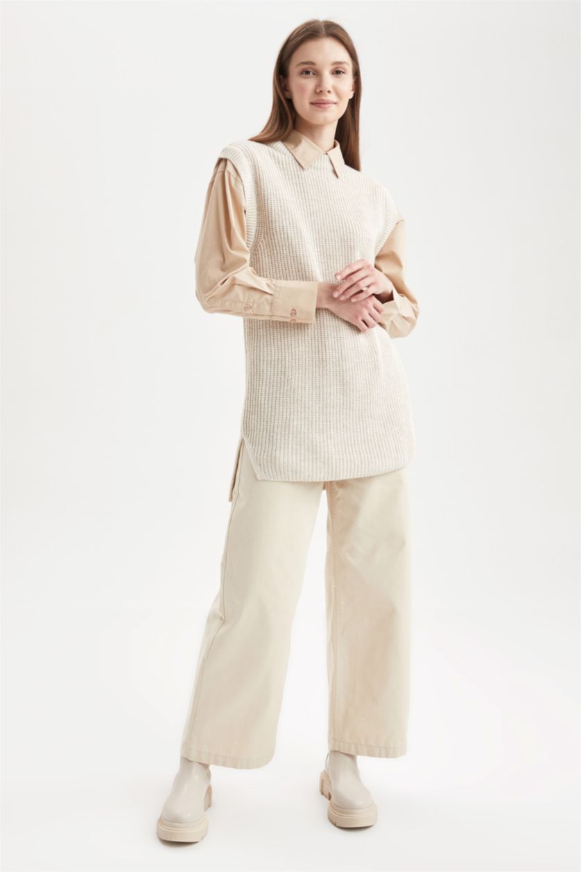 Woman Beige Coool Regular Fit Wide Leg Twill Trousers