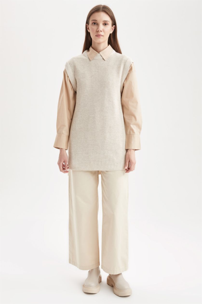 Woman Beige Coool Regular Fit Wide Leg Twill Trousers