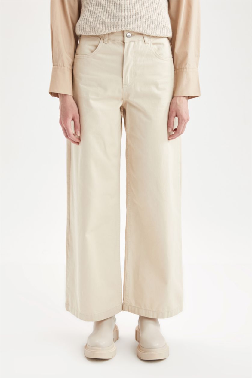 Woman Beige Coool Regular Fit Wide Leg Twill Trousers