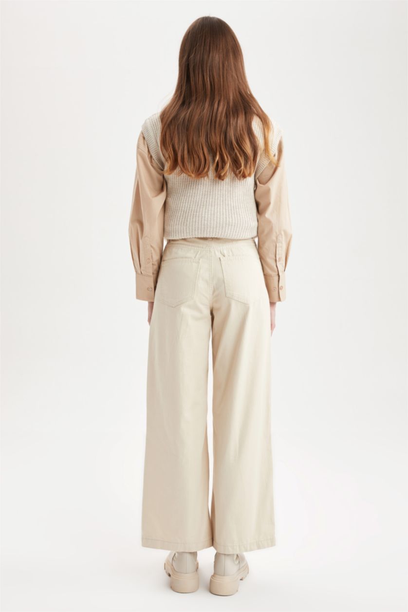 Woman Beige Coool Regular Fit Wide Leg Twill Trousers