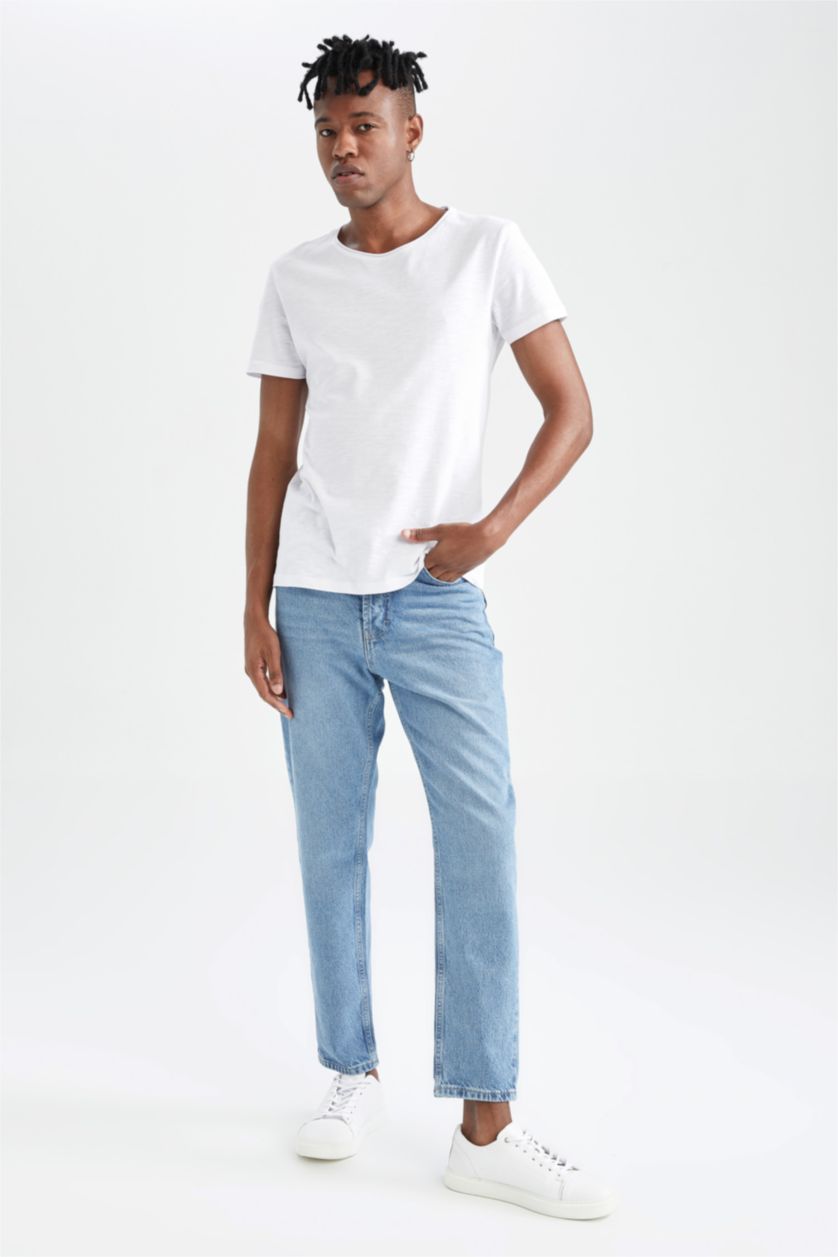 Man Light Blue Slim Fit Straight Leg Ankle Jeans