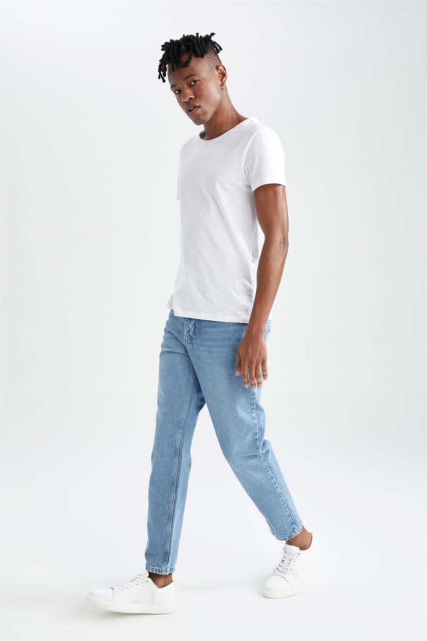 Man Light Blue Slim Fit Straight Leg Ankle Jeans
