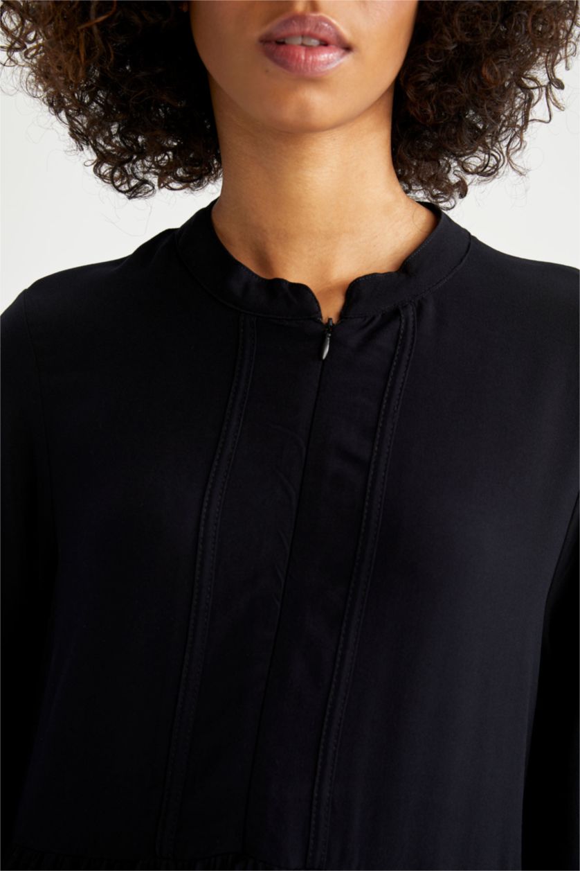 FEMME Noir Robe tissée à manches longues et col rond coupe classique