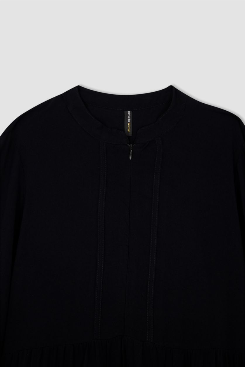 FEMME Noir Robe tissée à manches longues et col rond coupe classique