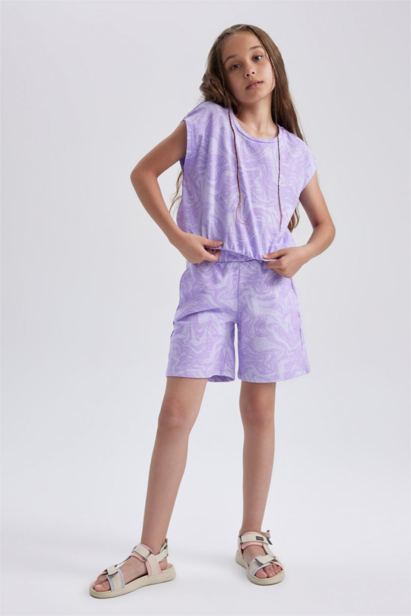 FILLES Violet Clair Ensemble En Tricot Tissu Sweat Fin Col rond Manche Courte 2 Fille