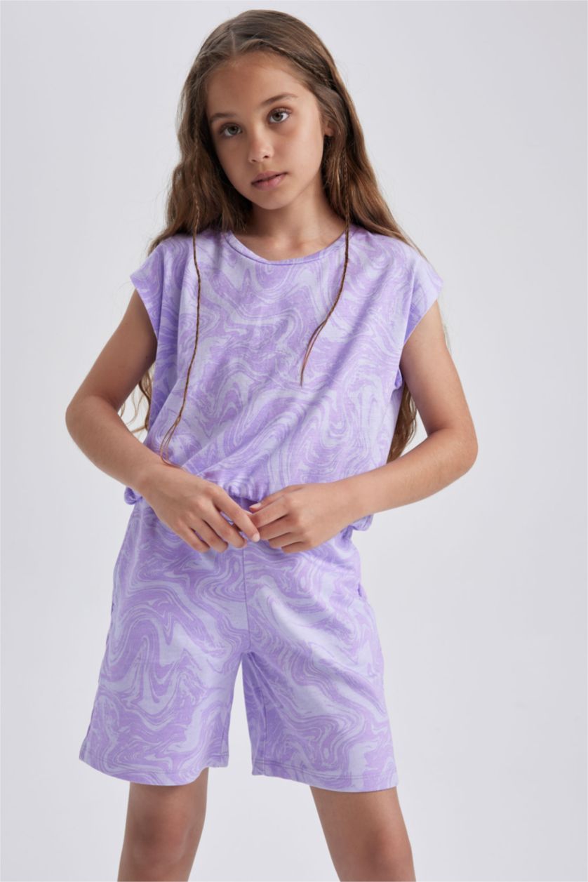 FILLES Violet Clair Ensemble En Tricot Tissu Sweat Fin Col rond Manche Courte 2 Fille