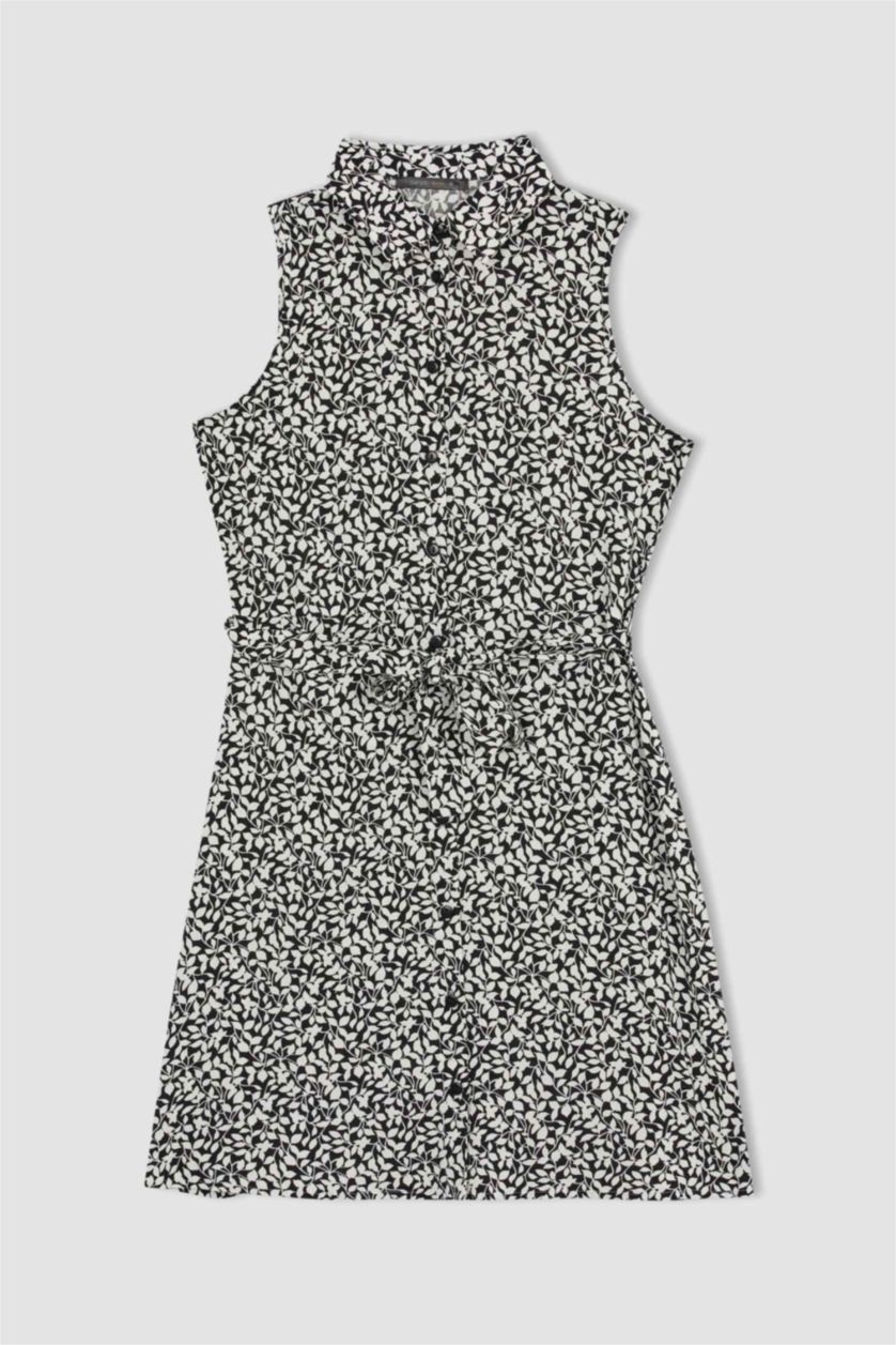 FEMME Noir Mini robe fleurie à manches courtes et col chemise