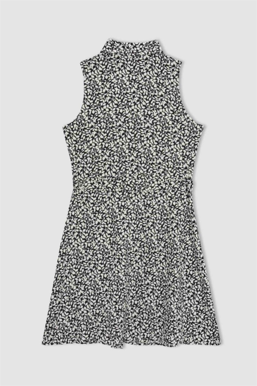 FEMME Noir Mini robe fleurie à manches courtes et col chemise