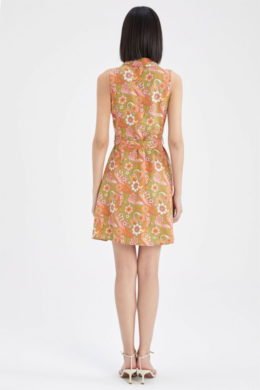 FEMME Marron Mini robe fleurie à manches courtes et col chemise