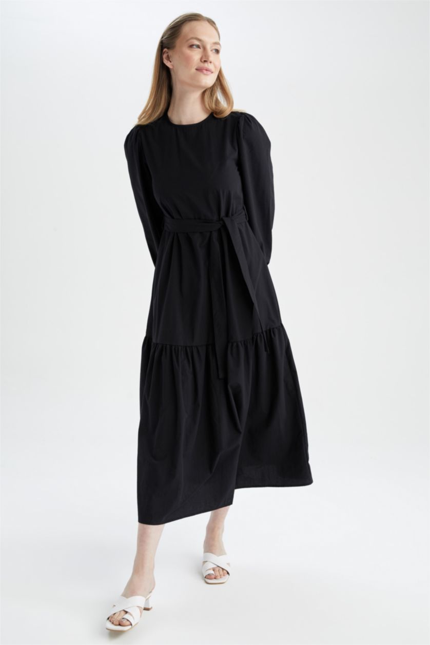 FEMME Noir Robe Tissée À Manches Longues Popeline Col arrondi