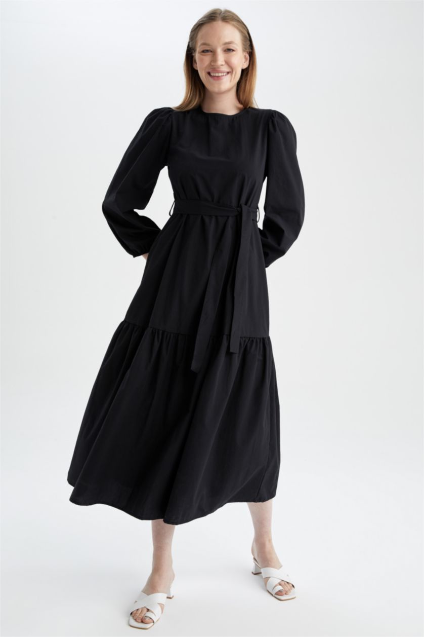FEMME Noir Robe Tissée À Manches Longues Popeline Col arrondi