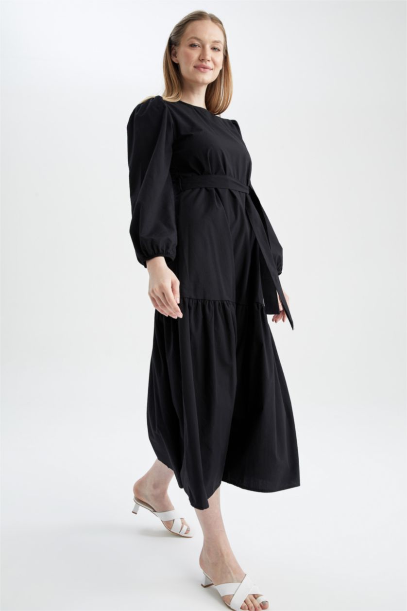 FEMME Noir Robe Tissée À Manches Longues Popeline Col arrondi