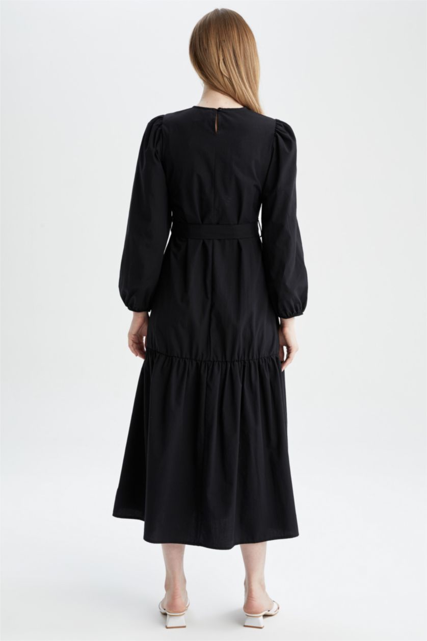 FEMME Noir Robe Tissée À Manches Longues Popeline Col arrondi