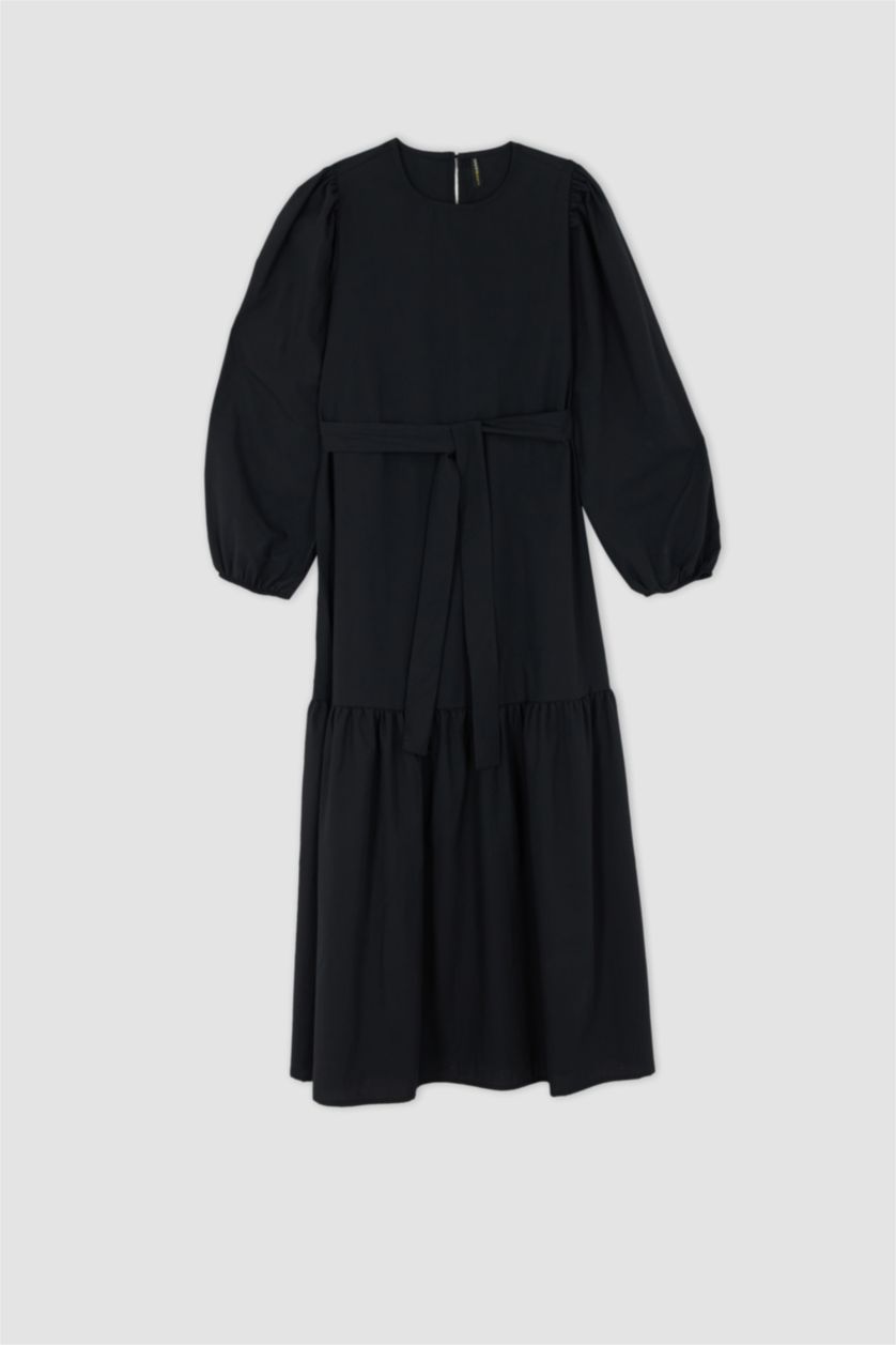 FEMME Noir Robe Tissée À Manches Longues Popeline Col arrondi