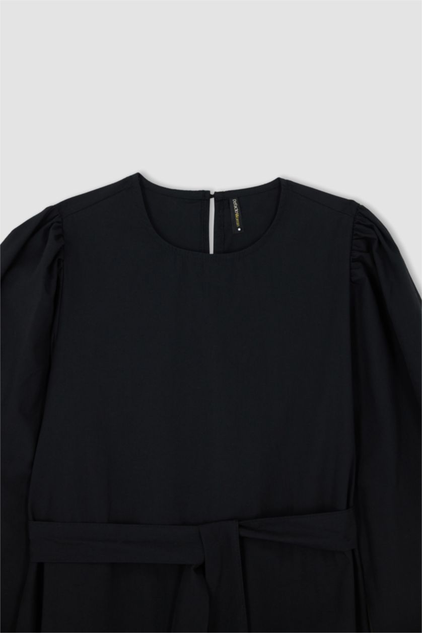 FEMME Noir Robe Tissée À Manches Longues Popeline Col arrondi