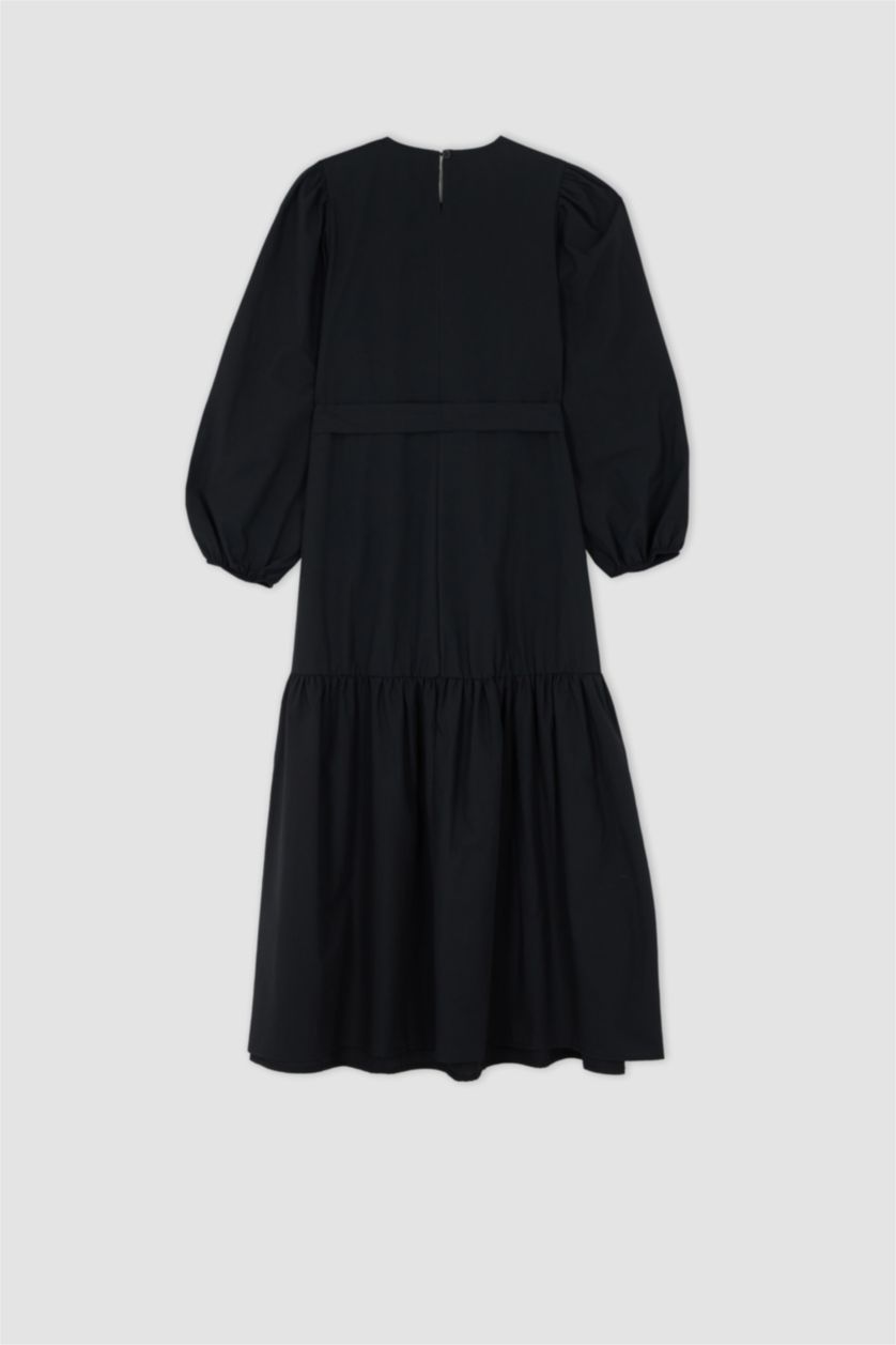 FEMME Noir Robe Tissée À Manches Longues Popeline Col arrondi