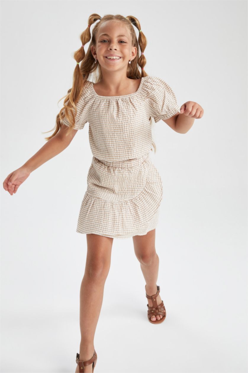 GIRLS & TEENS Beige Girl Square Neck Short Sleeve Check Print Blouse & Skirt Set
