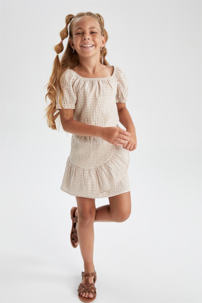 GIRLS & TEENS Beige Girl Square Neck Short Sleeve Check Print Blouse & Skirt Set