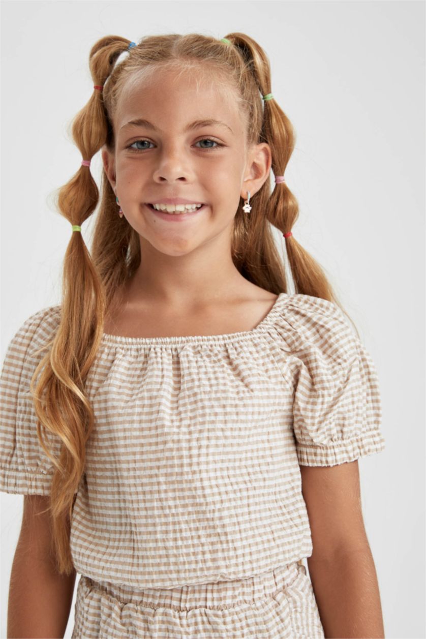 GIRLS & TEENS Beige Girl Square Neck Short Sleeve Check Print Blouse & Skirt Set