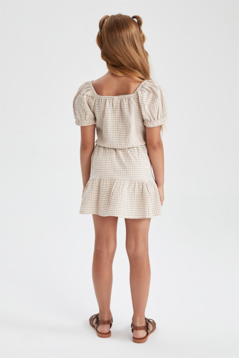 GIRLS & TEENS Beige Girl Square Neck Short Sleeve Check Print Blouse & Skirt Set