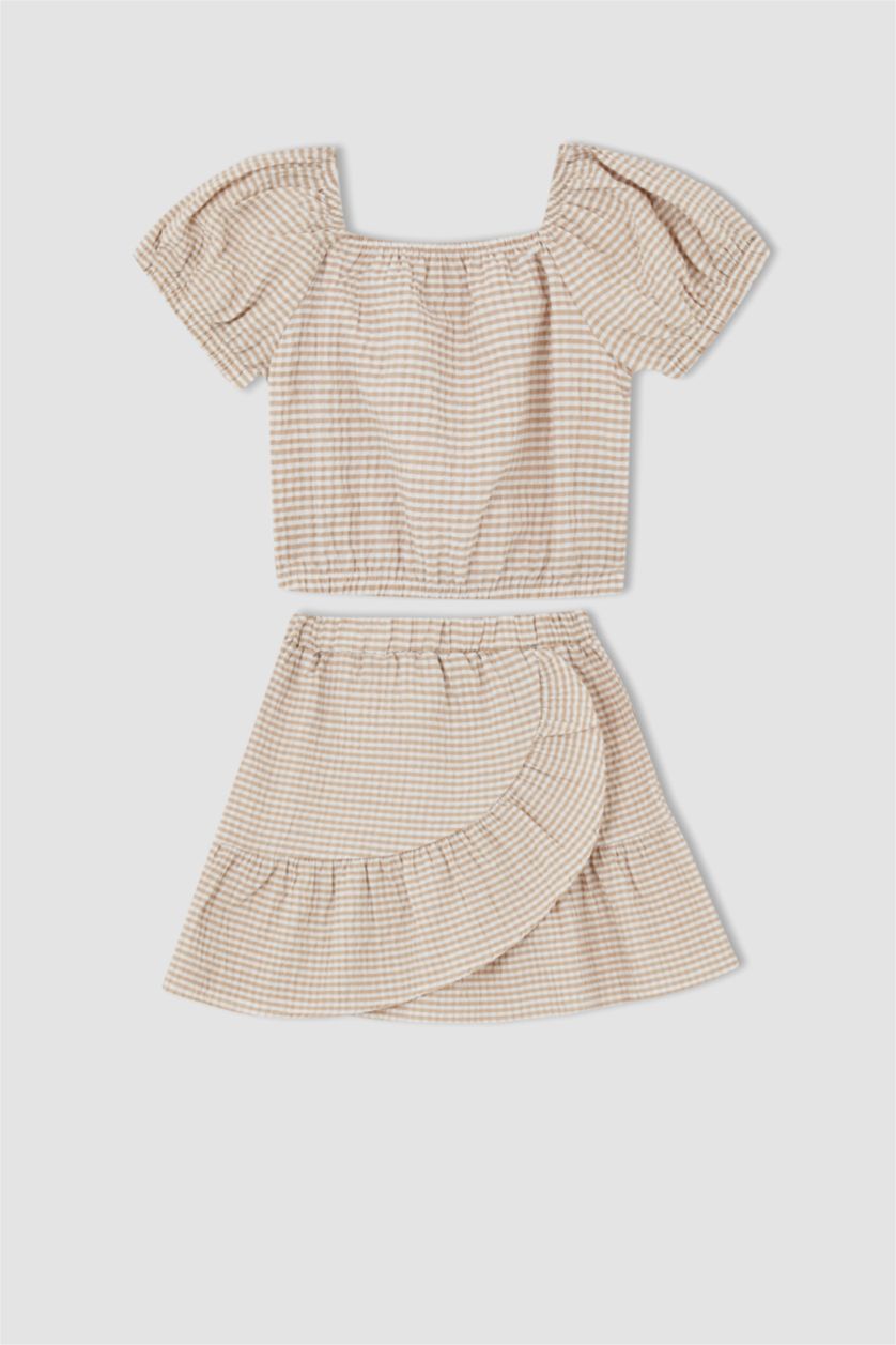 GIRLS & TEENS Beige Girl Square Neck Short Sleeve Check Print Blouse & Skirt Set