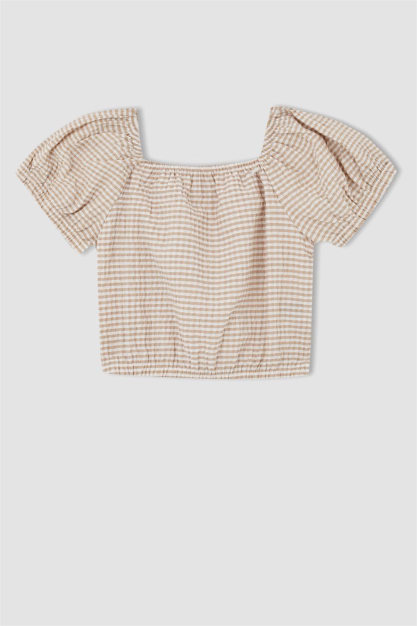 GIRLS & TEENS Beige Girl Square Neck Short Sleeve Check Print Blouse & Skirt Set