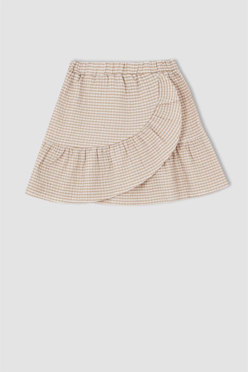 GIRLS & TEENS Beige Girl Square Neck Short Sleeve Check Print Blouse & Skirt Set