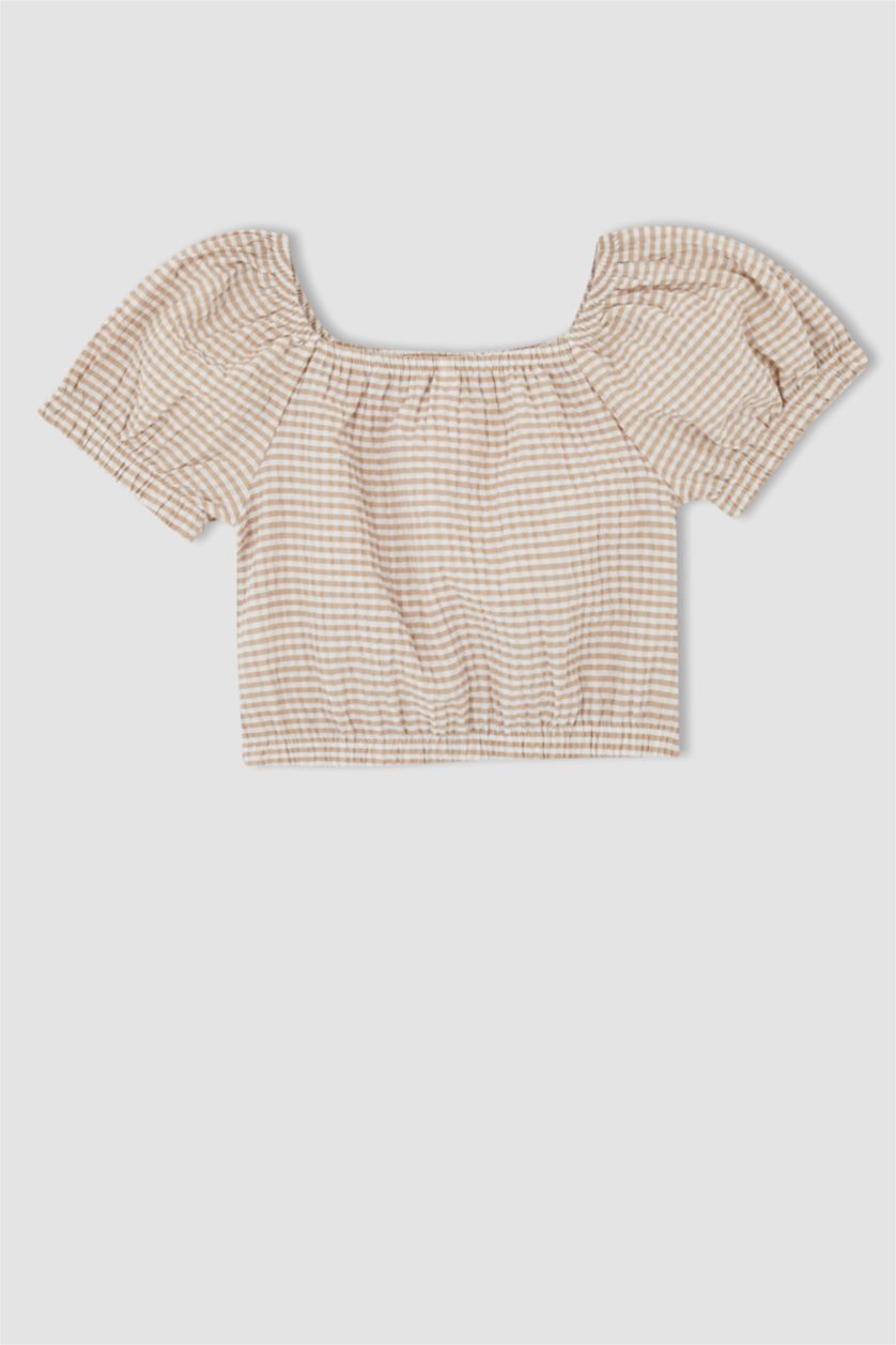 GIRLS & TEENS Beige Girl Square Neck Short Sleeve Check Print Blouse & Skirt Set