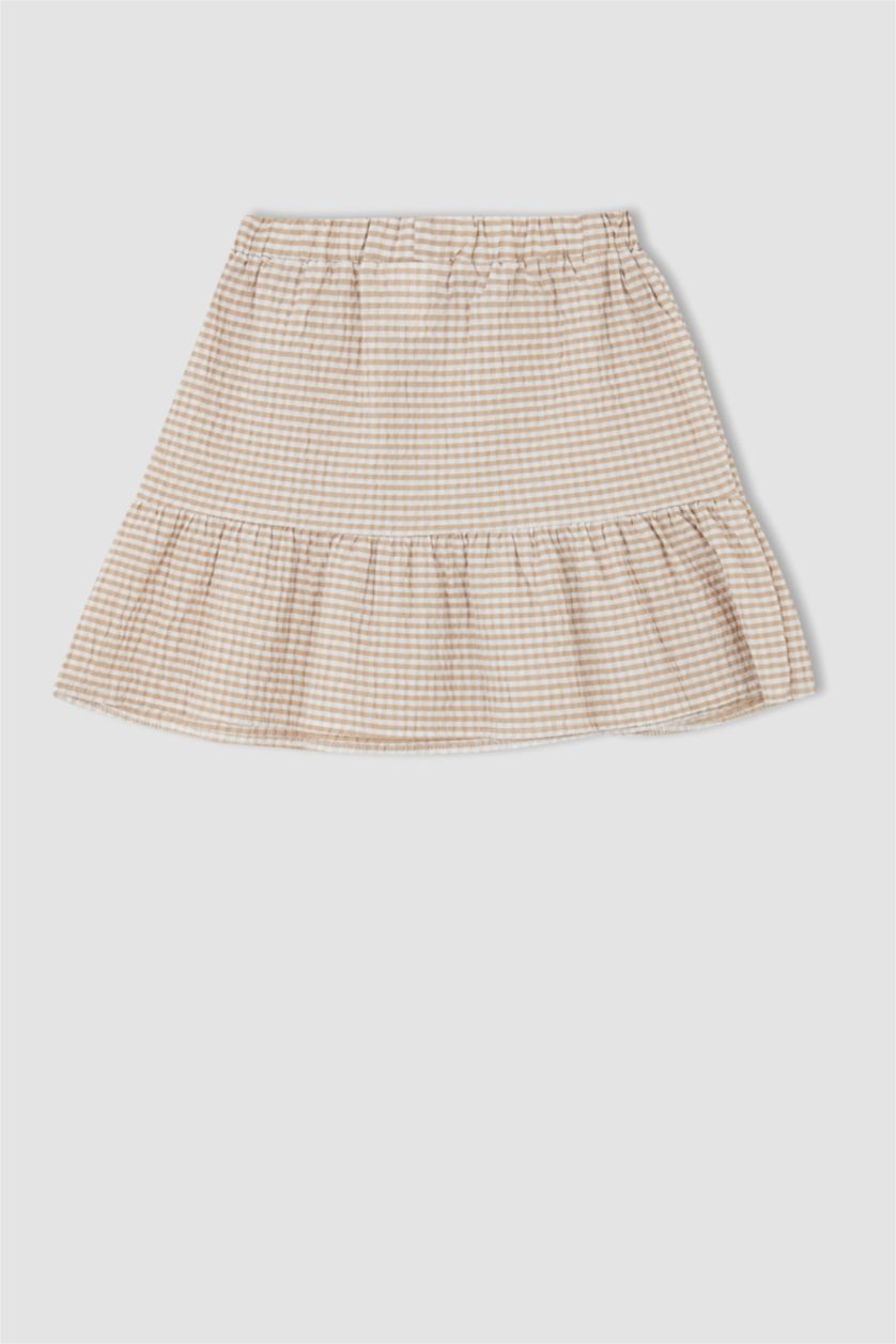 GIRLS & TEENS Beige Girl Square Neck Short Sleeve Check Print Blouse & Skirt Set