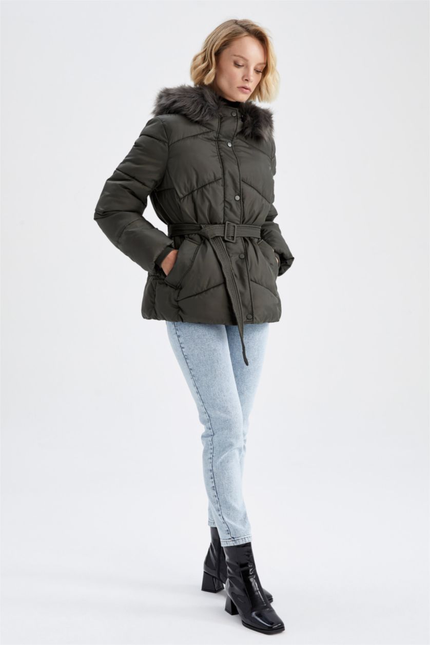 Kadın Haki Su İtici Oversize Geniş Kesim Kapüşonlu Suni Kürklü Mont