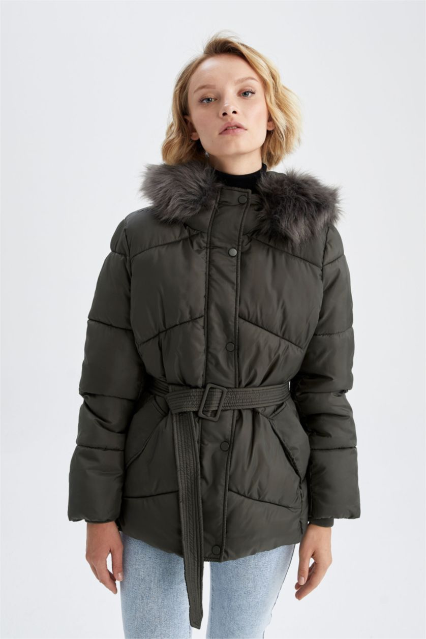 Kadın Haki Su İtici Oversize Geniş Kesim Kapüşonlu Suni Kürklü Mont