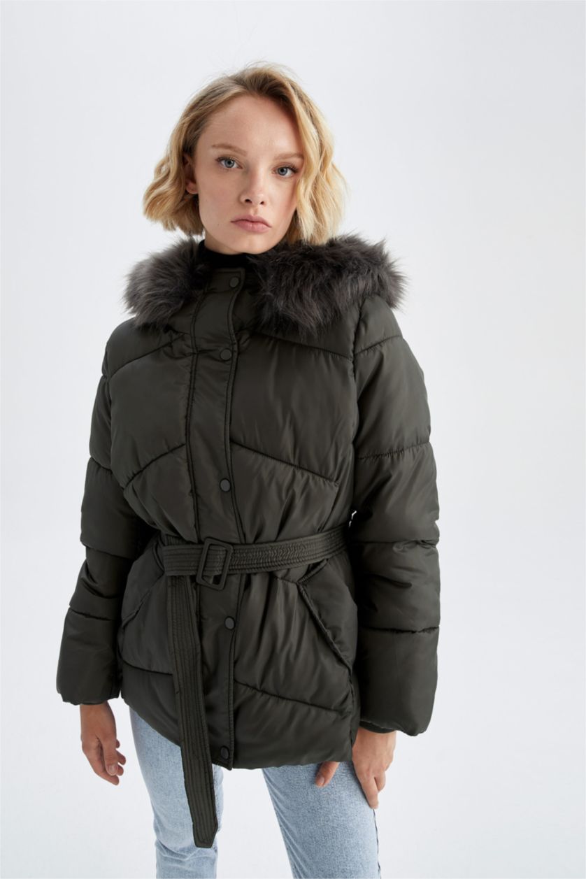 Kadın Haki Su İtici Oversize Geniş Kesim Kapüşonlu Suni Kürklü Mont