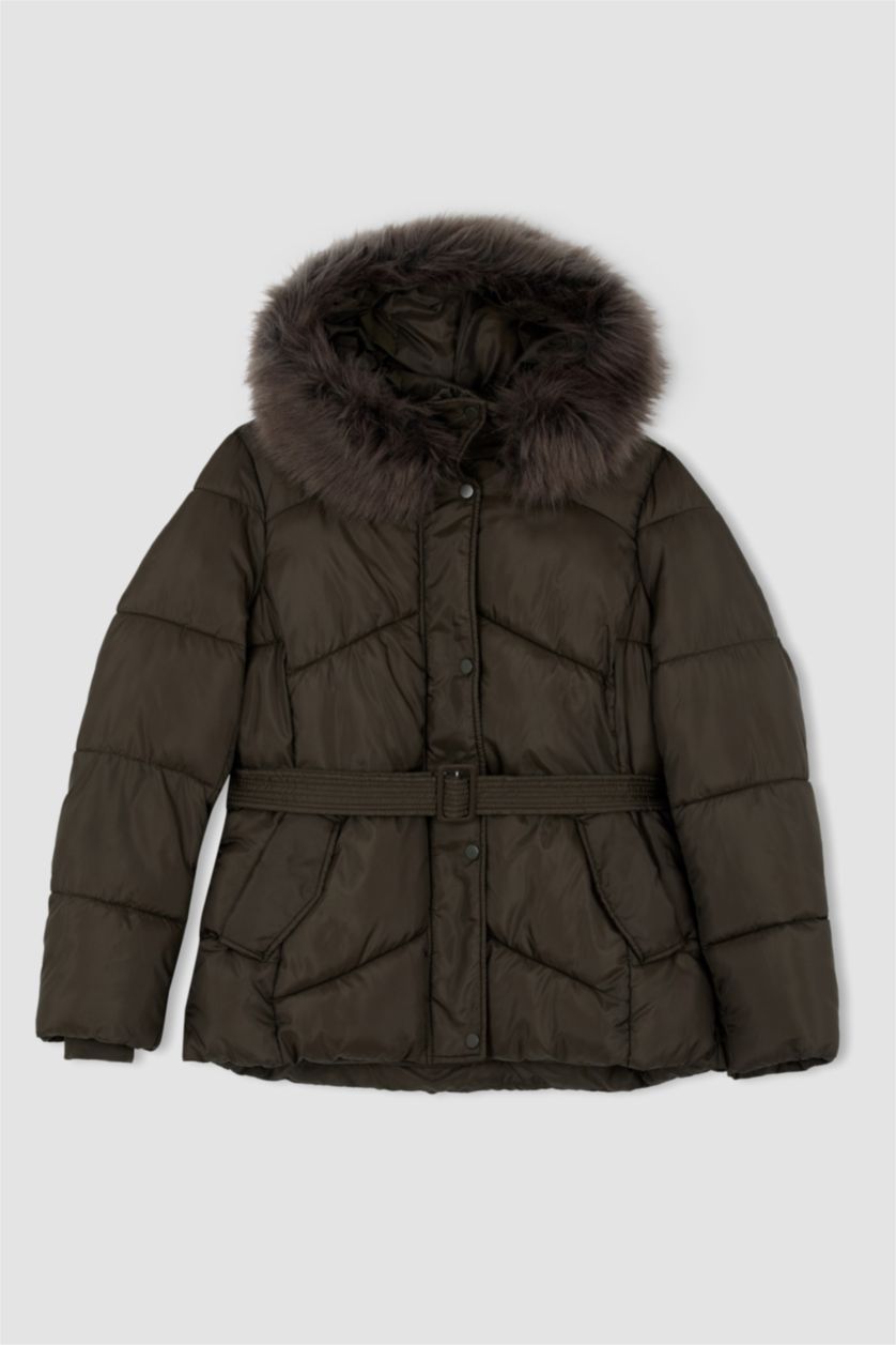 Kadın Haki Su İtici Oversize Geniş Kesim Kapüşonlu Suni Kürklü Mont