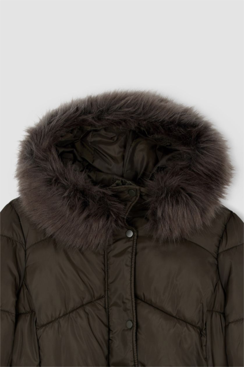 Kadın Haki Su İtici Oversize Geniş Kesim Kapüşonlu Suni Kürklü Mont