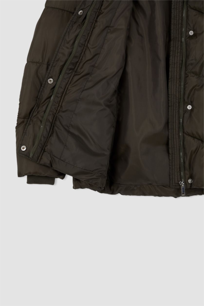 Kadın Haki Su İtici Oversize Geniş Kesim Kapüşonlu Suni Kürklü Mont