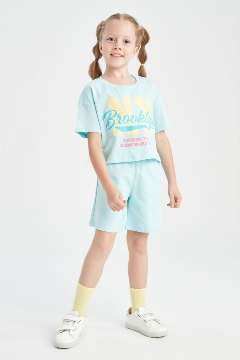 FILLES Turquoise T-shirt court en coton à manches courtes pour fille