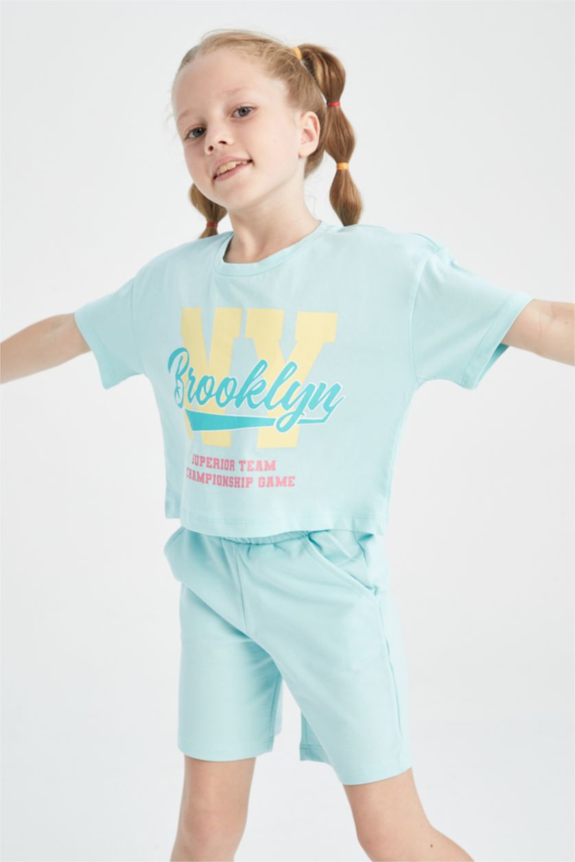FILLES Turquoise T-shirt court en coton à manches courtes pour fille