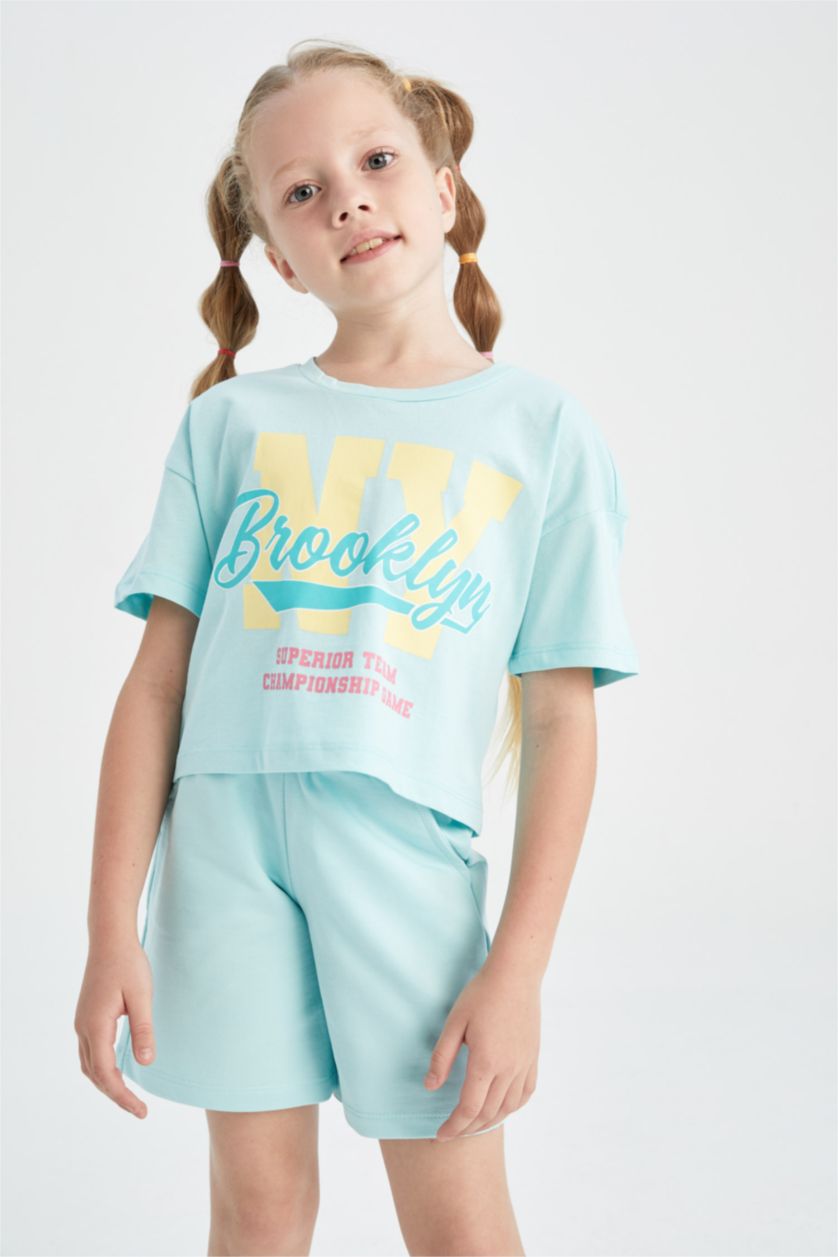 FILLES Turquoise T-shirt court en coton à manches courtes pour fille
