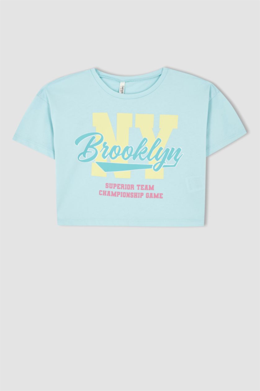 FILLES Turquoise T-shirt court en coton à manches courtes pour fille