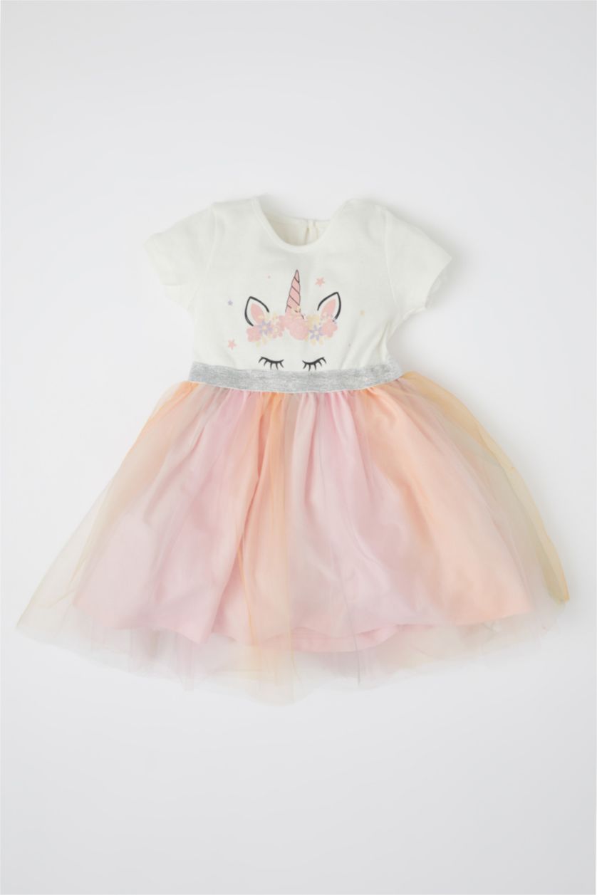 BABY GIRL Beige Baby Girl Unicorn Printed Short Sleeve Tulle Detailed Combed Cotton Summer Dress