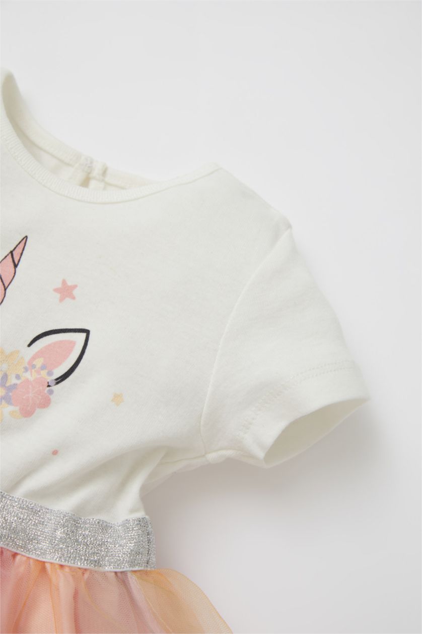 BABY GIRL Beige Baby Girl Unicorn Printed Short Sleeve Tulle Detailed Combed Cotton Summer Dress