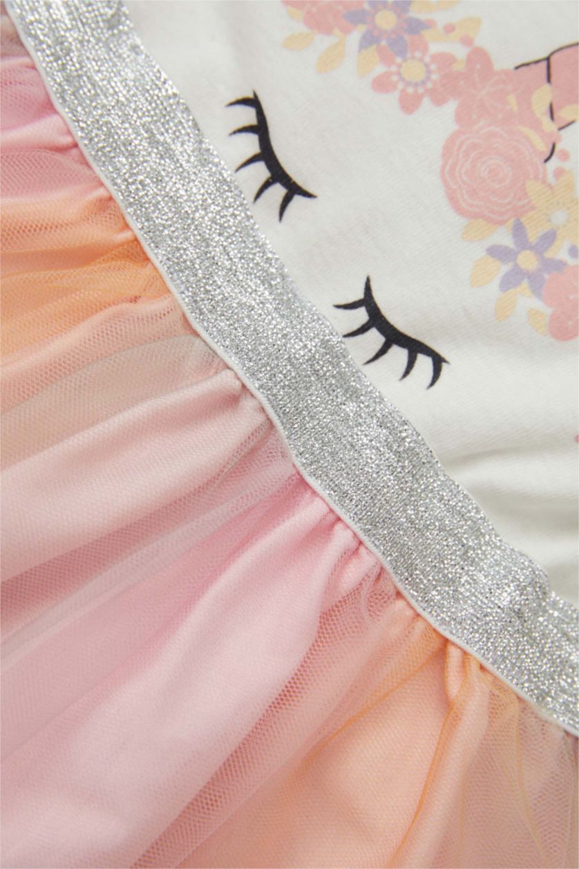 BABY GIRL Beige Baby Girl Unicorn Printed Short Sleeve Tulle Detailed Combed Cotton Summer Dress