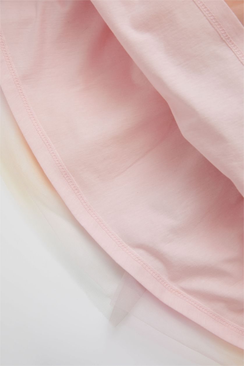 BABY GIRL Beige Baby Girl Unicorn Printed Short Sleeve Tulle Detailed Combed Cotton Summer Dress